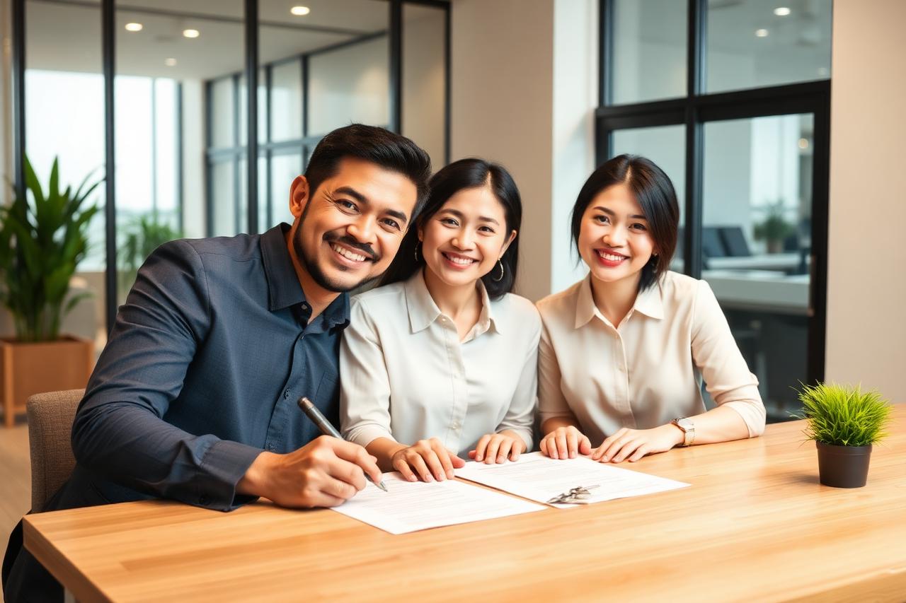 Sellers signing completion documents with their property agent